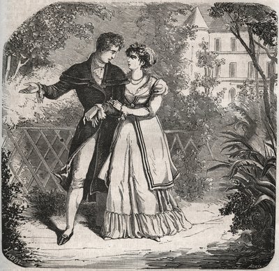Princesa de Gales Carolina de Brunswick (1768-1821) caminhando com seu amante, Bartolomeo Bergami. Gravura de 1871 em "Histoire Des Cocus Celebres" de Henry de Kock (1819-1892). de French School