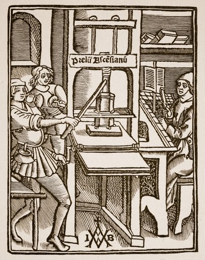 Imprensa, página de título de Hegesippus, impresso por Jodocus Badius Ascensius, Paris, 1511 (foto sépia) de French School