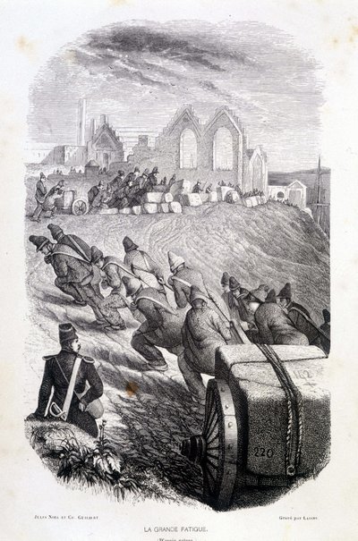 Prisioneiros puxando blocos de pedra de pedreira, "Les Bagnes: histoire, types, moreurs, mystère" de maurice Alhoy, ed. Gustave Havard de French School