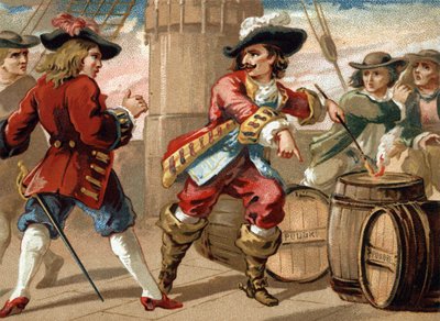 O corsário Jean Bart (1650-1702) ameaçou um corsário inglês que o fez prisioneiro, ameaçando-o de explodir o seu navio ao incendiar um barril de pólvora. Cromolitografia do final do século XIX de French School
