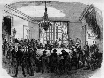 Procesos do Príncipe Pierre (Pierre-Napoleon) Bonaparte (1815-1881) - o júri do Supremo Tribunal de Justiça preparando seu veredicto na Câmara das deliberações - Gravura de 1870 de French School