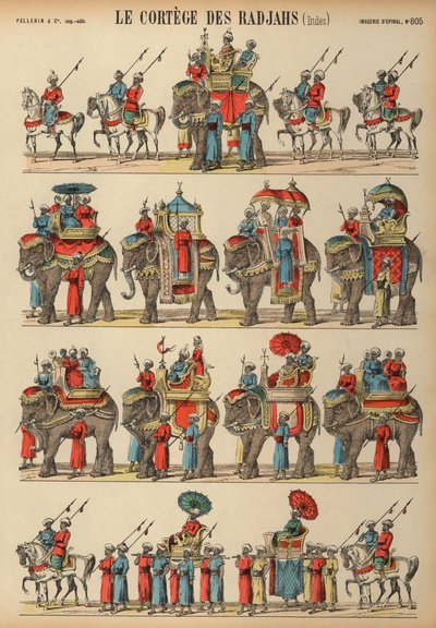 Procissão de rajás indianos (gravura colorida) de French School