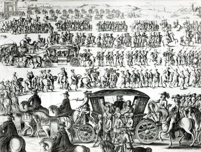 Procissão da entrada do jovem rei Luís XIV como uma criança na cidade de Paris em 18 de agosto de 1649, detalhe de French School