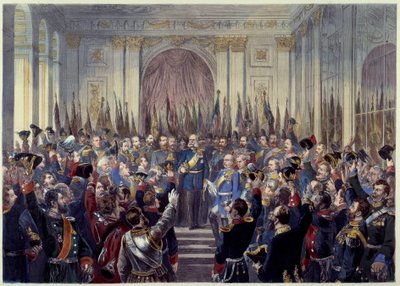 Proclamação do Império Alemão em 18/01/1871 na Galeria de Gelo em Versalhes, após a derrota francesa na Guerra de 1870 contra a Prússia. Guilherme I (1797-1888) é proclamado imperador. Paris do século XIX, Museu Carnavalet de French School