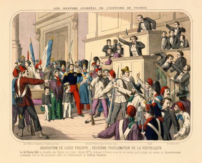 Proclamação da Segunda República Francesa durante a Revolução de Fevereiro, 24 de fevereiro de 1848, revista publicada por Gadola, Lyon, 1848 de French School