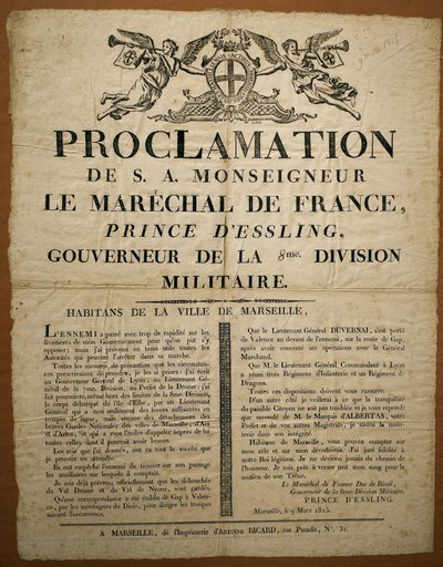Proclamação aos habitantes da cidade de Marselha, datada de 9 de Março de French School