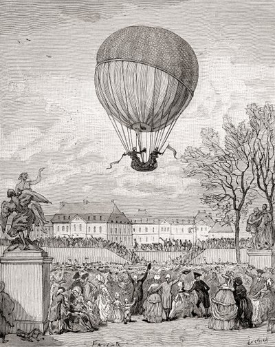 O Professor Jacques Charles e Nicolas-Louis Robert pilotam o primeiro balão de hidrogénio tripulado do mundo em 1 de Dezembro de 1783 nos Jardins de Tuilleries, Paris, do 