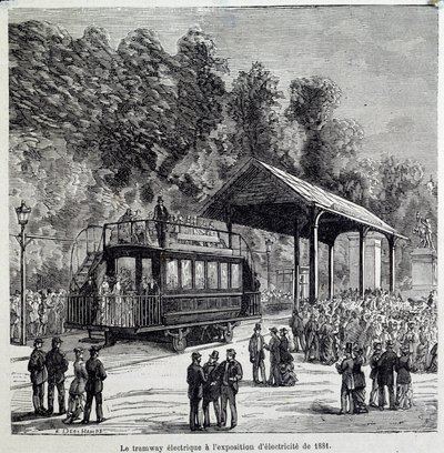 Progresso no transporte: o bonde elétrico exibiu eletricidade em 1881. Gravura do século XIX de French School