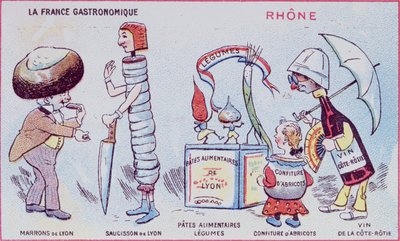 Cartão promocional e educacional para crianças de especialidades alimentares da região do Ródano, c.1900 de French School