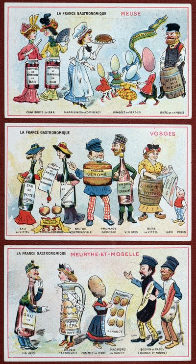 Cartões promocionais e educativos para crianças que retratam as especialidades gastronômicas da região da Lorena, c.1910 de French School