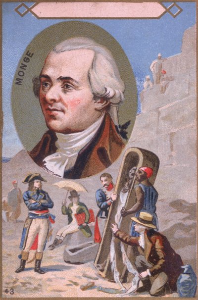 Cartão promocional representando Gaspard Monge (1746-1818) apresentando uma múmia a Napoleão Bonaparte (1769-1821) durante a campanha egípcia, final do século XIX de French School