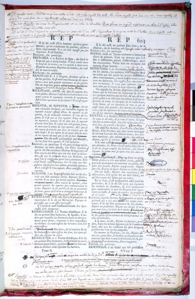Página de prova com correções de uma edição do dicionário da Academia Francesa (tinta no papel) (ver também 179945) de French School