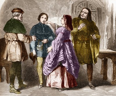 O cenário da prostituição em Paris no final da Idade Média. Gravação em "A história da prostituição e do deboche entre todos os povos do mundo desde a antiguidade até os dias de hoje" pelo Dr. Th. -F. Debray. 1879. de French School