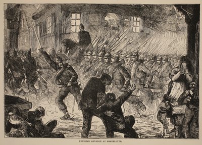 Avanço prussiano em Gravelotte, ilustração de Cassells História da guerra entre a França e a Alemanha, 1870-1871 de French School