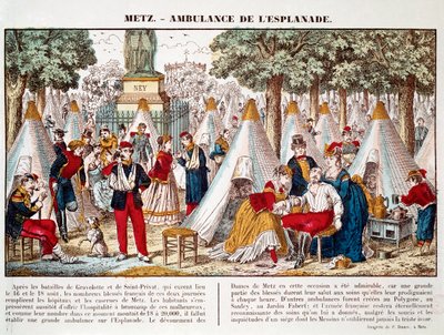 Guerra Prussiana: uma ambulância instalada na esplanada para tratar os feridos em 1870 em Metz (gravura) de French School