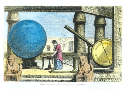Ptolomeu (c.90-168) (Claudius Ptolemaeus) no Observatório de Alexandria, de La Vie des Savants Illustres de Louis Figuier (posteriormente coloração) de French School
