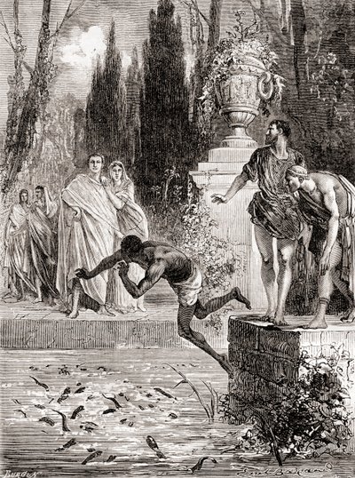 Publius Vedius Pollio, equestre romano, alimentando um escravo de suas lampreias, de Les Merveilles de la Science, publicado por volta de 1870 de French School
