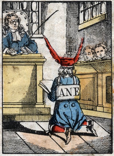 Punição na escola: Aluno castigado, com um boné de burro. Imagem epinal do final do século XIX. de French School