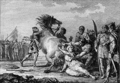 Punição de Brunehaut, 613: Brunehaut ou Brunehilde (543-613), rainha da Austrália, está presa à cauda de um cavalo indomável antes de ser arrastada para o chão. Gravura do século XVIII. de French School