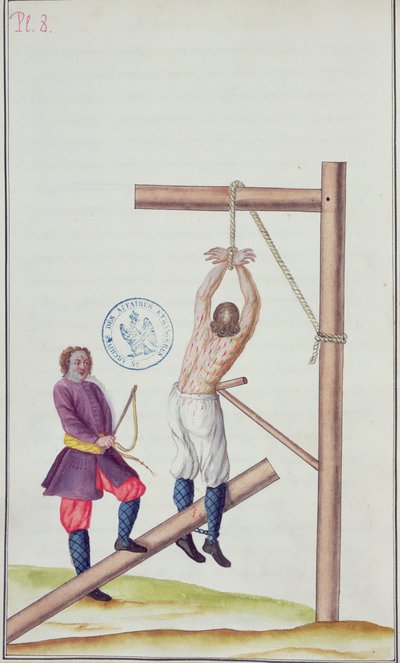 Punição com um knout ao ser suspendido de uma corda, de Voyage en Russie, 1731 (pena & tinta e wc no papel) de French School
