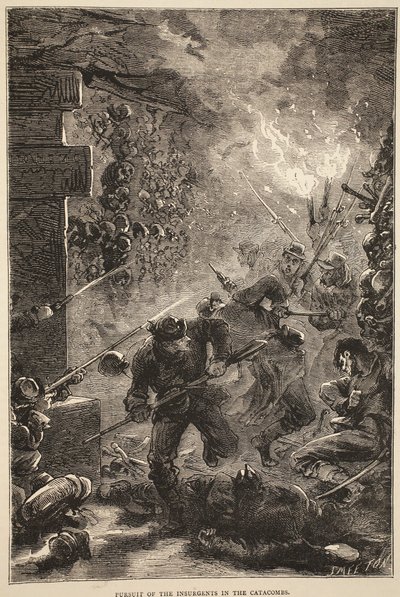 Perseguição dos Insurgentes nas Catacumbas, maio de 1871, ilustração de Cassells História da Guerra entre a França e a Alemanha, 1870-1871 de French School