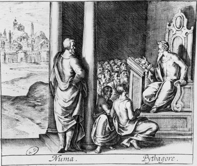 Pitágoras (c.570-480 aC) ensinando uma classe de estudantes, ilustração de Ovids Metamorphoses de French School