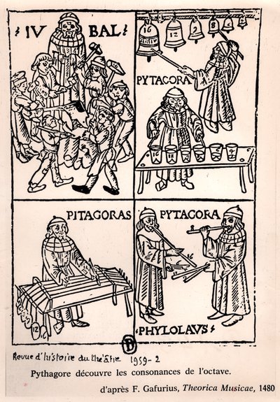 Pitágoras (c.580-500 aC) descobrindo as consonâncias da oitava, de Theorica Musicae, de Franchino Gaffurio, publicado pela primeira vez em 1480, de Revue de l&39;História do Teatro, 1959 (bw phot de French School