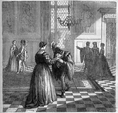 A Rainha Margarita de Navarra (1492-1549) encontra-se com Pomini. Gravação em "A história da prostituição e do deboche entre todos os povos do mundo desde a antiguidade até os dias de hoje" pelo Dr. Th. -F. Debray. 1879. de French School