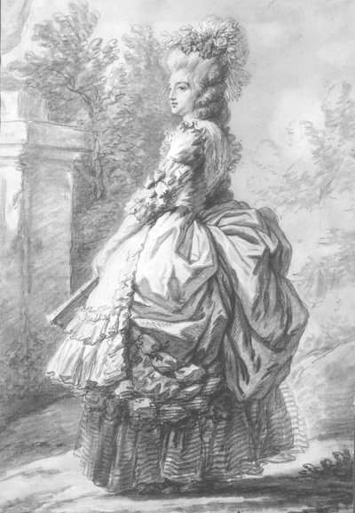 Rainha Maria Antonieta (1755-93) andando em um jardim, 1780 (caneta e tinta de lavagem e giz no papel) de French School