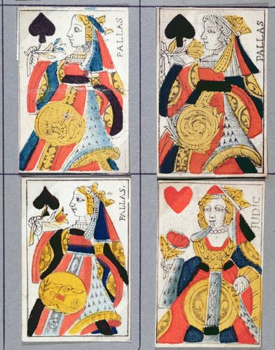 Cartas de jogar da Rainha de Espadas e da Rainha de Copas, do século XVII ao XVIII (gravura em madeira colorida) de French School