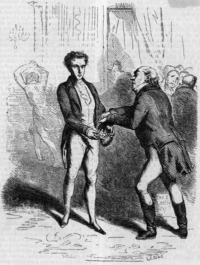 Rastignac dizzy deixa o homem de cabelo branco levar dez louis. Gravura de meados do século XIX. Ilustração para "O Pai Goriot" de Honore de Balzac (1799-1850). de French School