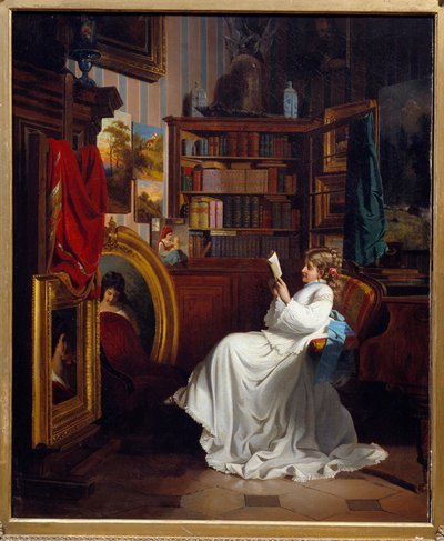 Lendo uma garota lendo um livro em um escritório. Pintura da Escola Francesa. Colecção privada do século XIX. de French School