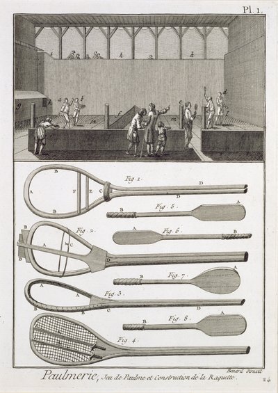 Ténis real e a construção de raquetes, da Enciclopédia de Denis Diderot (1713-84), gravada por Robert Benard (n.1734), publicada em c.1770 de French School