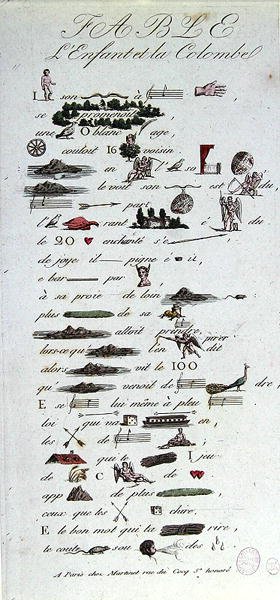 Rebus representando a Fábula do Menino e da Pomba, início do século XIX (gravura a cores) de French School