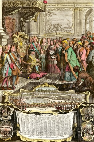 Receção de Mehemet Effendi, embaixador turco do grande Sultão Achmet, por Luís XV, em 21 de março de 1721, nas Tulherias. Gravura do século XVIII. Coleção particular. de French School