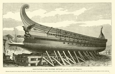 Reconstrução de um antigo trireme romano (gravura) de French School