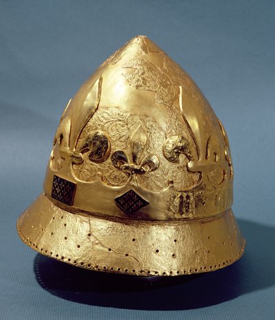 Reconstrução do capacete dourado de Carlos VI (1368-1422) encontrado nas escavações do Louvre de 1986 (metal) de French School