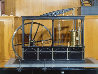 Reconstrução do motor a vapor projetado por James Watt (cobre e vidro) de French School