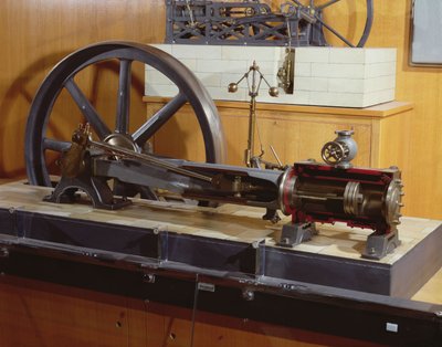 Reconstrução do motor a vapor inventado por George Henry Corliss (1817-88) (metal) de French School