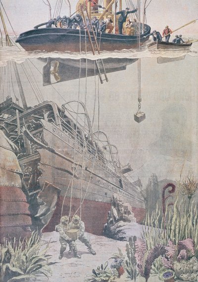 Recuperação do tesouro do naufrágio do Oceana, ilustração do Le Petit Journal, 1912 de French School