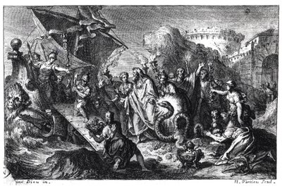Reencarnação de Asclepios como uma cobra no momento da chegada de seu culto em Roma da Grécia em 293 aC de French School
