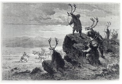 Caça às renas na idade da pedra, ilustração de LHomme Primitif, de Louis Figuier (1819-94), publicada por Hachette, 1870 de French School