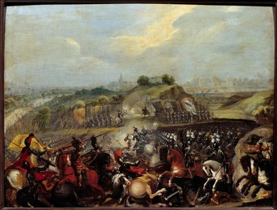 Guerras Religiosas: "Henrique IV na Batalha de Ivry em 14/03/1590" A Batalha de Ivry em 14/03/1590 viu a vitória do exército real contra a Liga Católica. Maximiliano de Bethune, Duque de Sully, o ministro do rei, foi ferido lá. Pintura do Fren de French School
