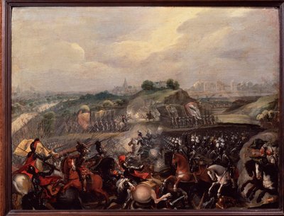 Guerras Religiosas: Rei Henrique IV tem a Batalha de Ivry em 14/03/1590 (pintura) de French School