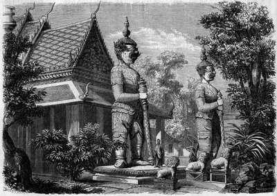 Arquitectura religiosa: vista exterior de um pagode em Banguecoque (Sião), em 1861. Gravura em "Le Monde Illustré" n°223 de 20 de Julho de 1861. de French School