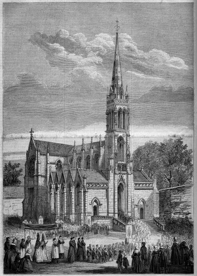 Arquitectura religiosa: visão geral da igreja de Monfort le Retrou (hoje Montfort le Gesnois no Sarthe (72), dia da sua inauguração em 1858. A partir de um esboço do Sr. Moulin. Gravura em "Le Monde Illustré" n°77 de 2 de Outubro de 1858. de French School