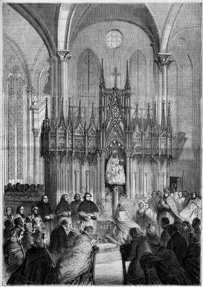 Arte religiosa: estátua de Notre Dame du Pillar ou "Virgo Noire" (cerca de 1540) na catedral de Chartres (Eure et Loire, 28) em 1858. Gravura em "Le Monde Illustré" n°89 de 25 de Dezembro de 1858. de French School