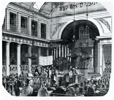 Cerimônia religiosa na antiga sinagoga de Paris para Rosh Hashaná, ilustração de Le Tableau de Paris por Edmond Texier, publicada em Paris, 1852 de French School