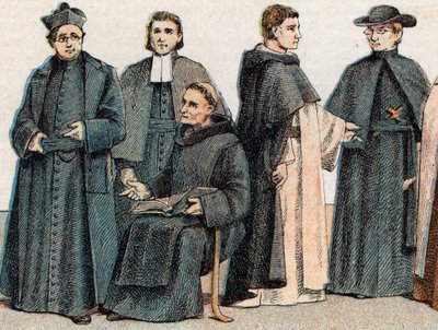 Figurinos religiosos: da esquerda para a direita, retrato de um jesuíta, de um pai Marista (Marcelino Champagnat), de um monge beneditino, de um monge dominicano e de um Oblato - Gravura - Figurinos religiosos: da esquerda para a direita, retrato de um jes de French School