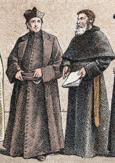 Figurinos religiosos: da esquerda para a direita, retrato de um jesuíta e de um irmão assuncionista (membro da congregação dos Agostinianos da Assunção) - Gravura - Figurinos religiosos da antiguidade: da esquerda para a direita, retrato de um jesuíta e de de French School